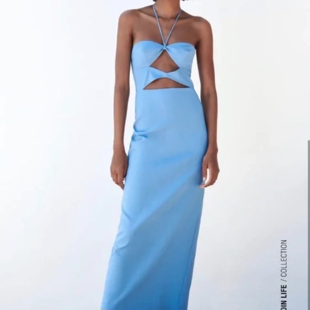 NWT Zara Cutout Halter Midi Dress Maxi Blue Size XS